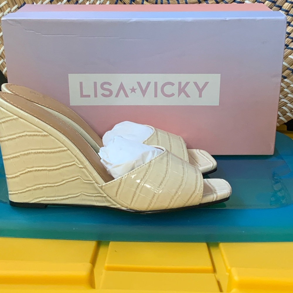 Lisa Vicky Ecru Crocodile Pat PU  Wedge Sandals